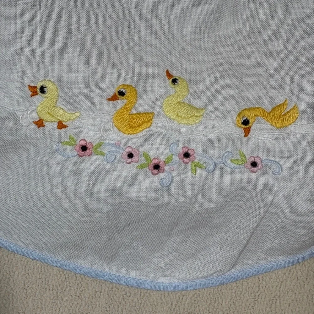 Vintage Baby Bib Embroidered Yellow Ducks Pink Flowers Blue Trim Tie Back White
